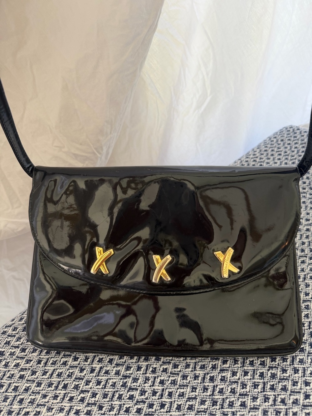 Vintage 90s Paloma Picasso Black Patent Leather Iconic Tripple X Flap Bag